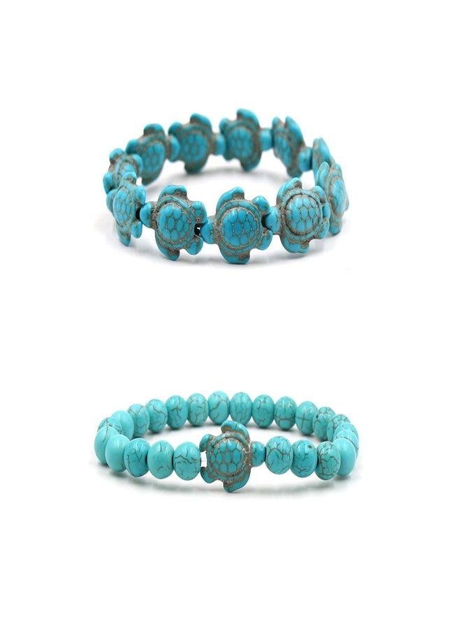 Soyzvteo 2Pcs Sea Turtles Beads Bracelet Elastic Natural Stone Stretch Bracelet Turquoise Turtle Bracelets Friendship Gifts for Women Men -Blue - Image 1